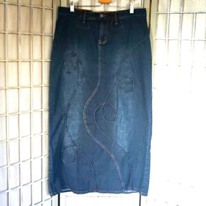 Denim distress modesty with aplique cowgirl maxi skirt 16